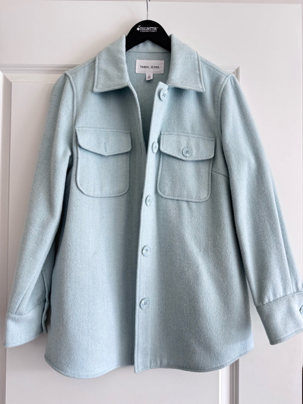 Tribal Pale Blue Wool-Blend Button Shacket